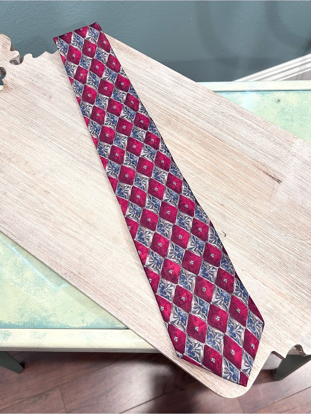 Stafford Executive Extra Long Silk Tie 67" Burgundy Red Blue Diamond Geometric